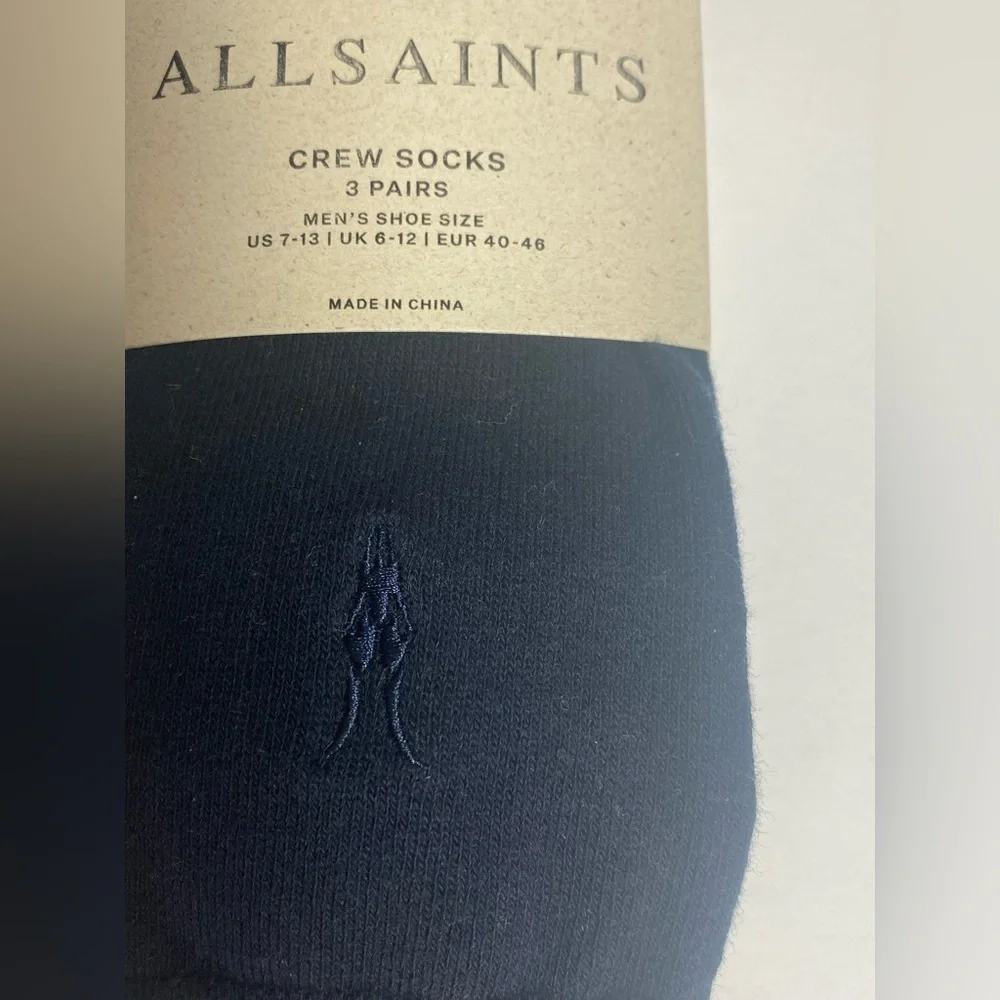 Allsaints NWT Designer Luxury 3 Pack Black Crew Socks for Men